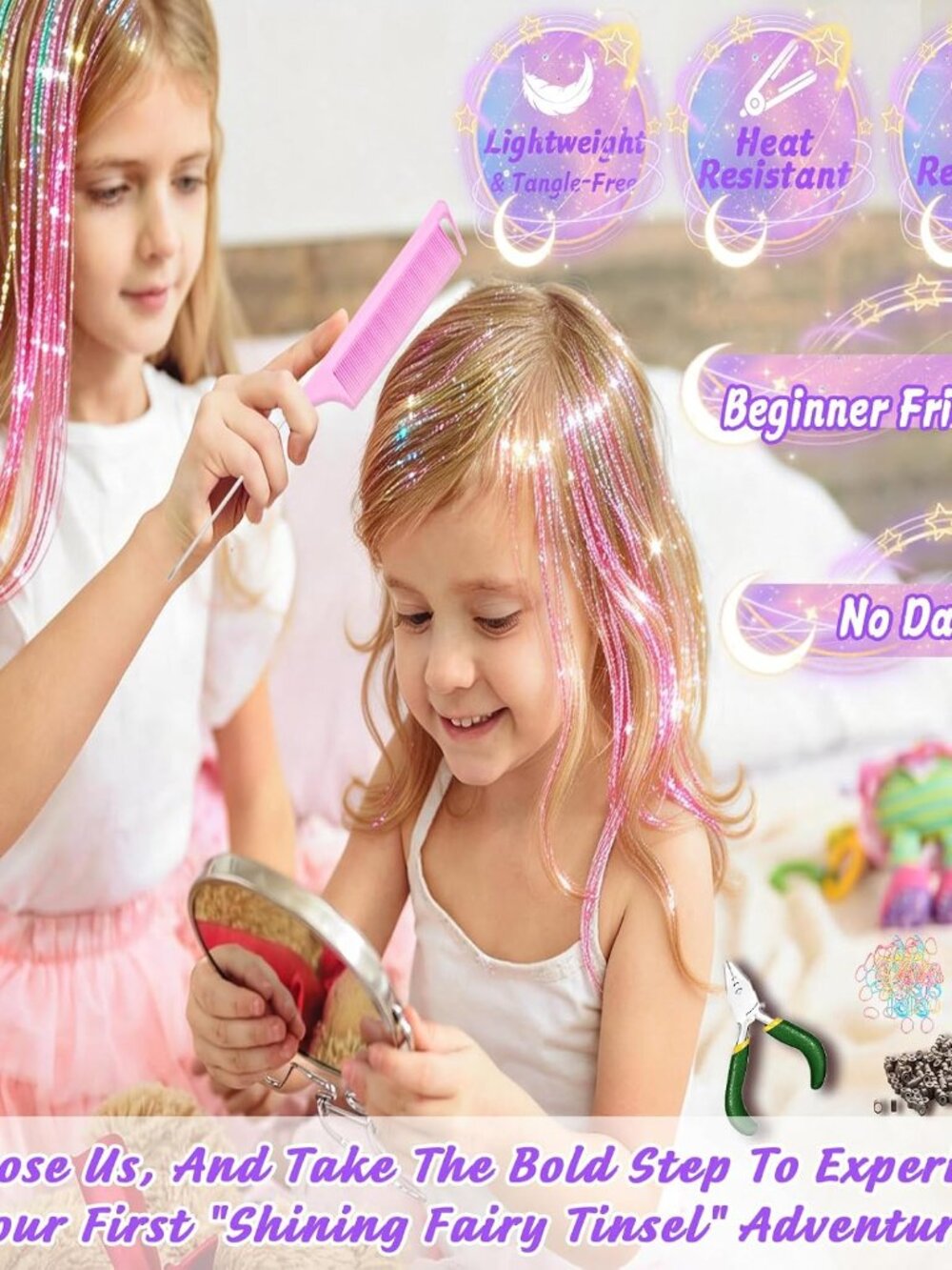 Hair Tinsel Kit With Tools Fairy Glitter Tinsel Hair Extensions for Girls - Picture 2 of 8